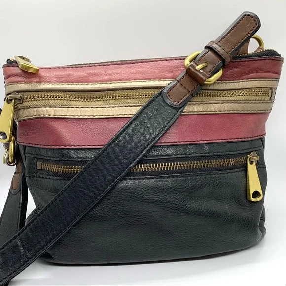 Vintage Fossil Black Burgundy Explorer Leather Patchwork Crossbody Bag - Picture 2 of 16